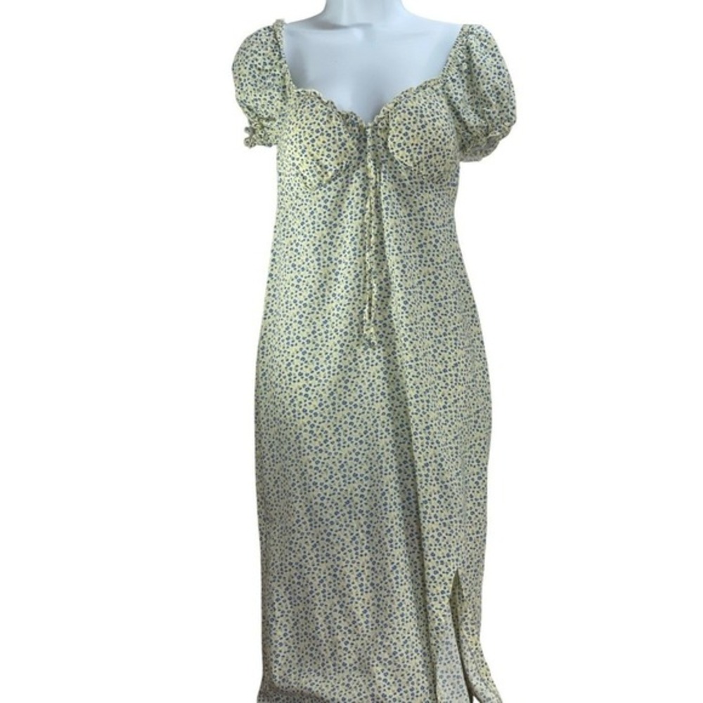 Blue Yellow Ditsy Floral Puff Sleeve Midi Dress Size S cottagecore‎ milkmaid
